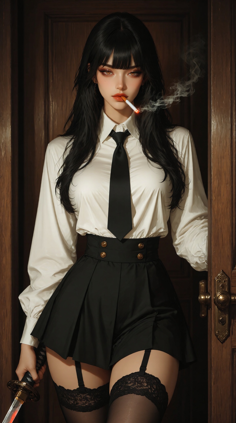 牛仔镜头,  聚焦于一位女性,  她站在一扇深色木门前。她留着浓密的黑色长发 on Tensor.Art