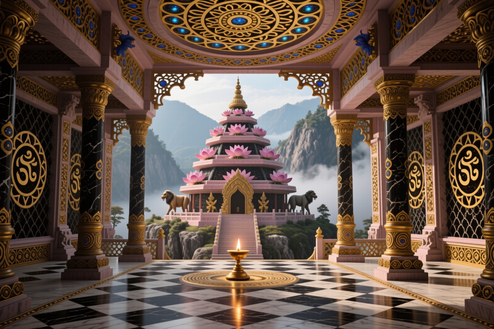 p@tt3rns,  A hyper-detailed 8K render of a grand Hindu temple complex,  suspended on the edge of a misty Himalayan cliff o...