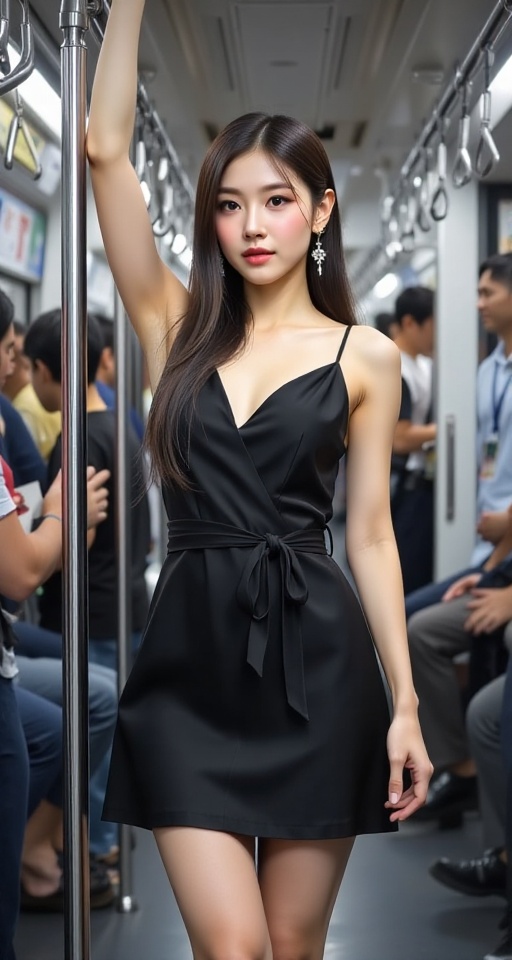 A high-resolution,  ultra-detailed image of 1girl solo long hair black hair dress jewelry earrings arm up lips ground vehi...