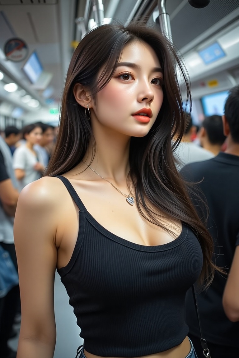 A high-resolution,  ultra-detailed image of 1girl long hair breasts looking away black hair cleavage jewelry medium breast...