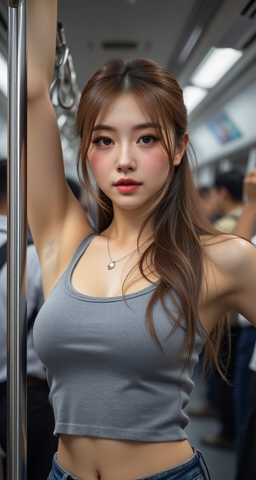 A high-resolution,  ultra-detailed image of 1girl solo long hair looking at viewer brown hair upper body armpits arms up l...