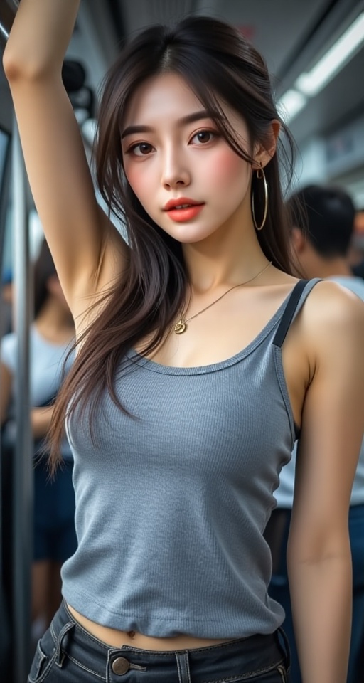 A high-resolution,  ultra-detailed image of 1girl solo long hair looking at viewer black hair upper body armpits black eye...
