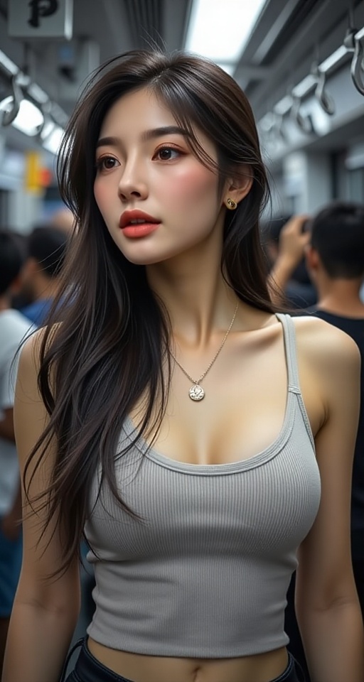 A high-resolution,  ultra-detailed image of 1girl long hair breasts looking away black hair cleavage jewelry medium breast...