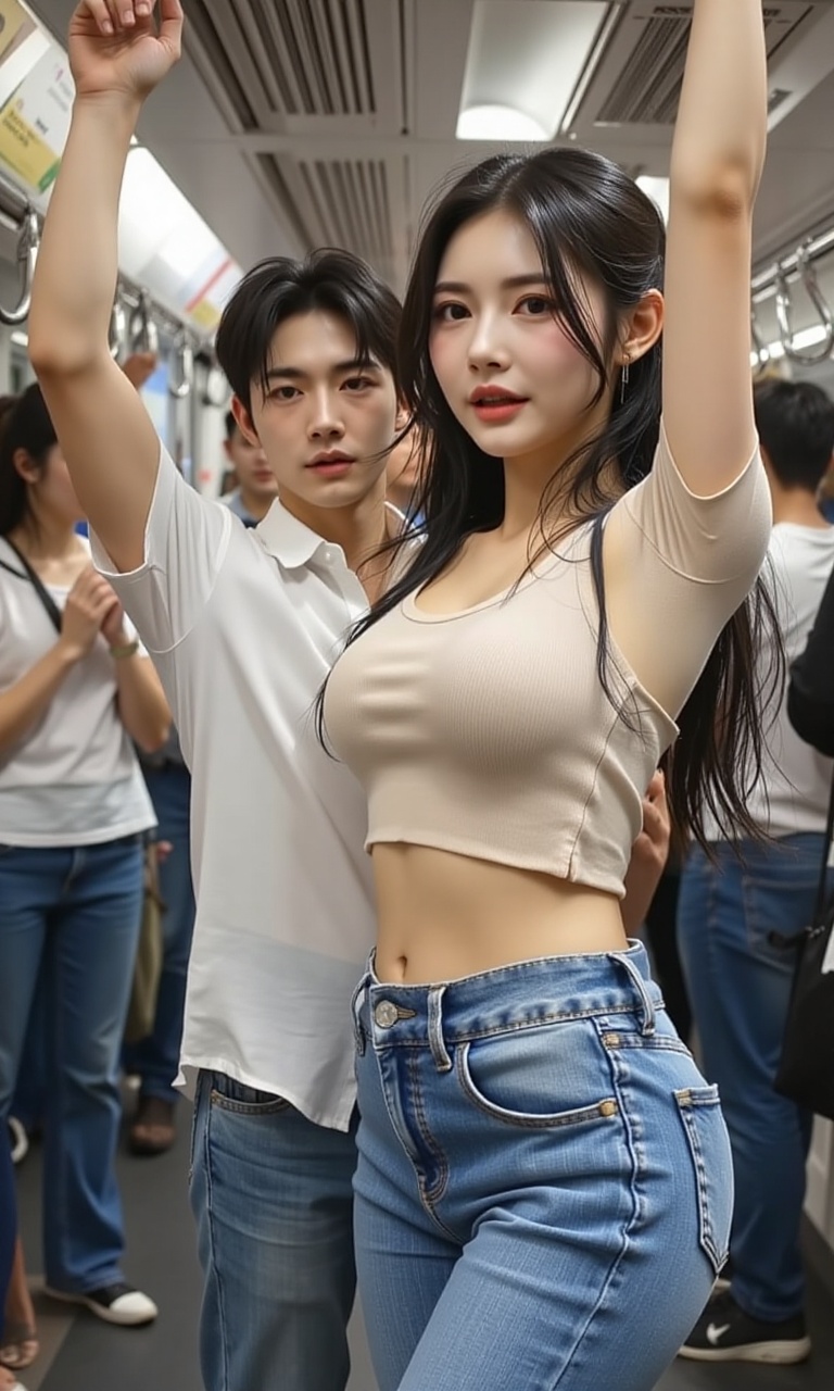A high-resolution,  ultra-detailed image of 1girl long hair breasts looking at viewer shirt black hair 1boy white shirt sh...