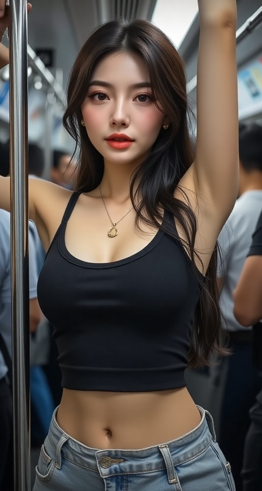 A high-resolution,  ultra-detailed image of 1girl long hair breasts looking forward black hair cleavage jewelry medium bre...
