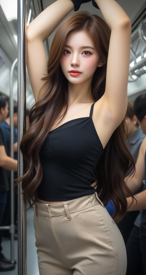 A high-resolution,  ultra-detailed image of 1girl solo long hair looking at viewer black hair gloves upper body arm up lip...