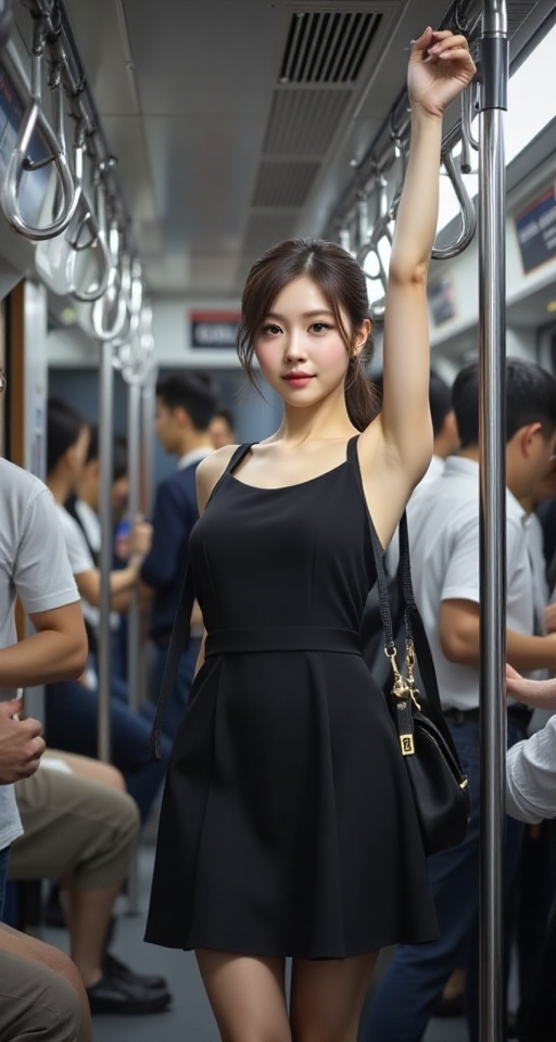A high-resolution,  ultra-detailed image of 1girl black hair 1boy dress hetero arm up ground vehicle realistic Holding the...
