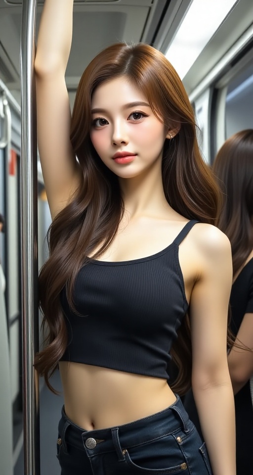 A high-resolution,  ultra-detailed image of 1girl solo long hair looking at viewer black hair upper body armpits black eye...