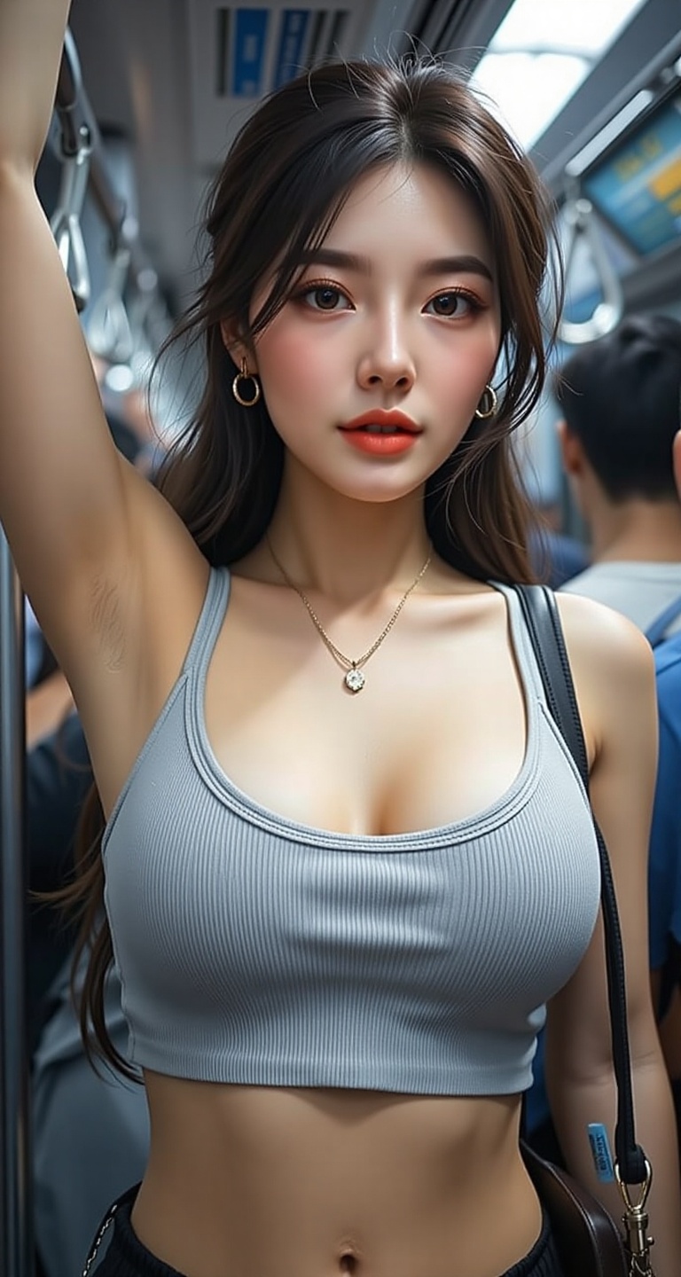 A high-resolution,  ultra-detailed image of 1girl long hair breasts looking forward black hair cleavage jewelry medium bre...
