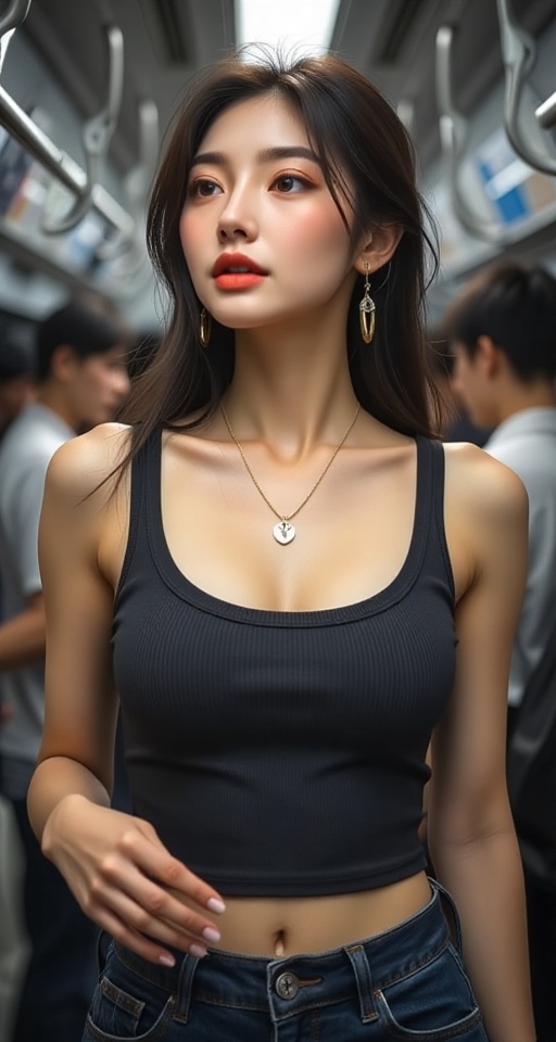 A high-resolution,  ultra-detailed image of 1girl long hair breasts looking away black hair cleavage jewelry medium breast...