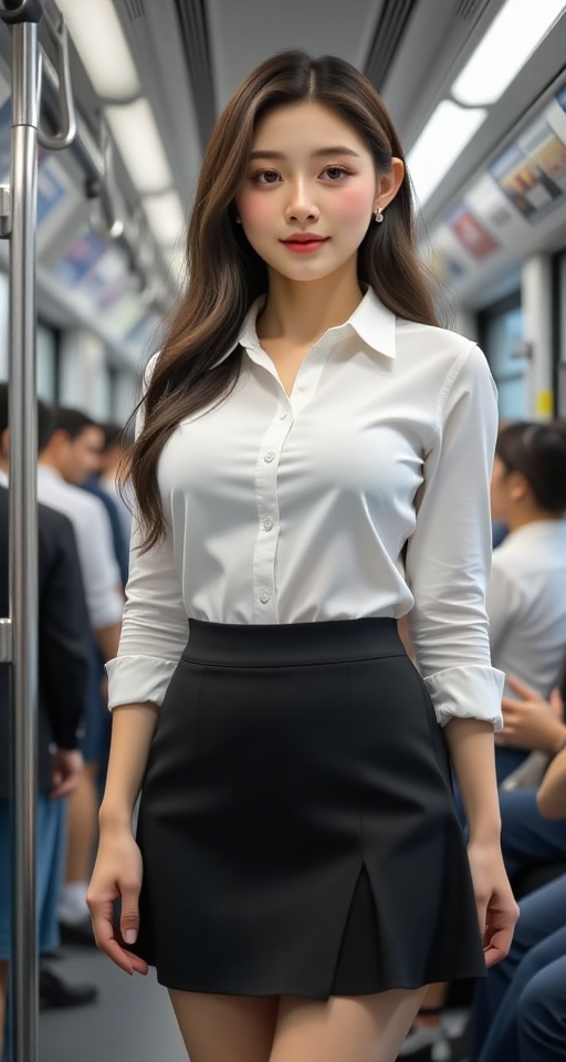 A high-resolution,  ultra-detailed image of 1girl long hair breasts looking at viewer smile skirt large breasts shirt blac...