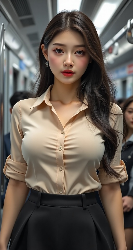 Create a high-resolution,  ultra-detailed image of a solo-focused 1girl with black hair parted to reveal her long,  flowin...