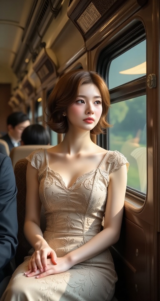 A high-resolution,  ultra-detailed image of a solo-focused 1girl with short brown hair,  dressed elegantly in a vintage tr...