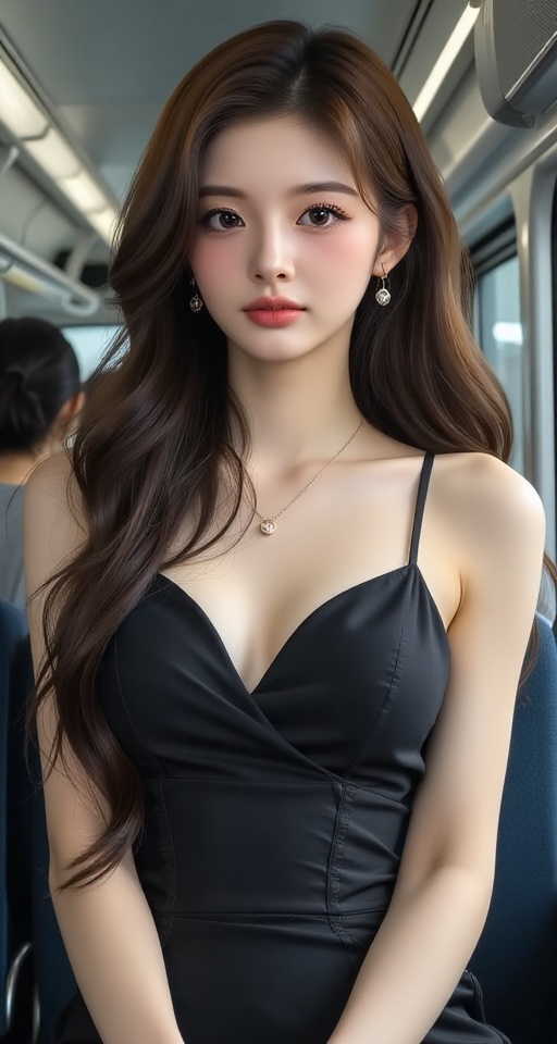 A high-resolution,  ultra-detailed image of 1girl solo long hair black hair bare shoulders brown eyes jewelry earrings lip...