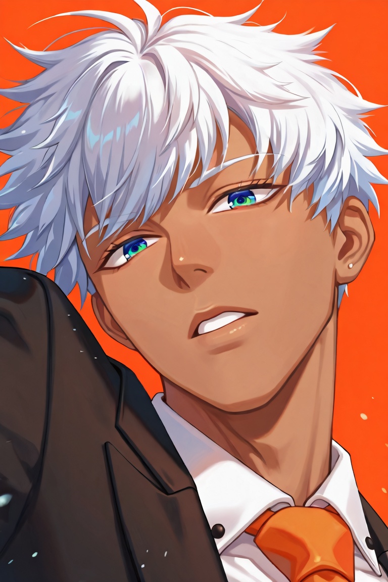 mammon-dark-skinned_6thmale focus,  white_mammon_6thmale-hair,  blue_mammon_6thmale-eyes on Tensor.Art