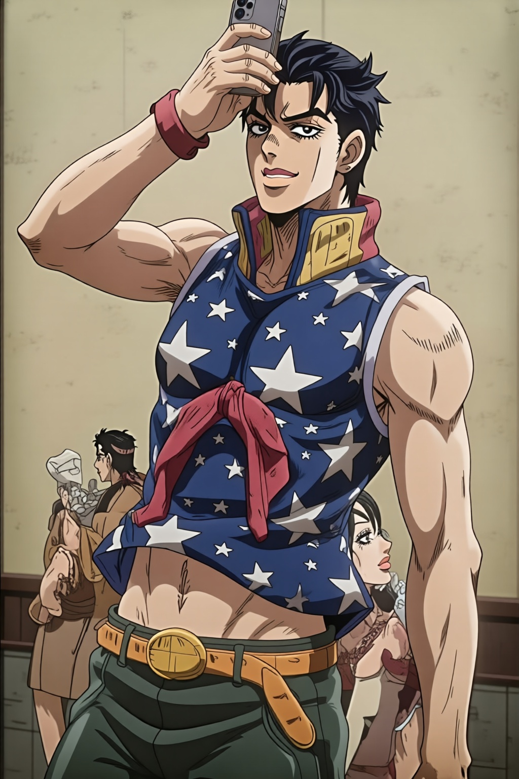 The art style of JoJo's Bizarre Adventure,  A muscular man with short dark hair and a determined expression takes a selfie...