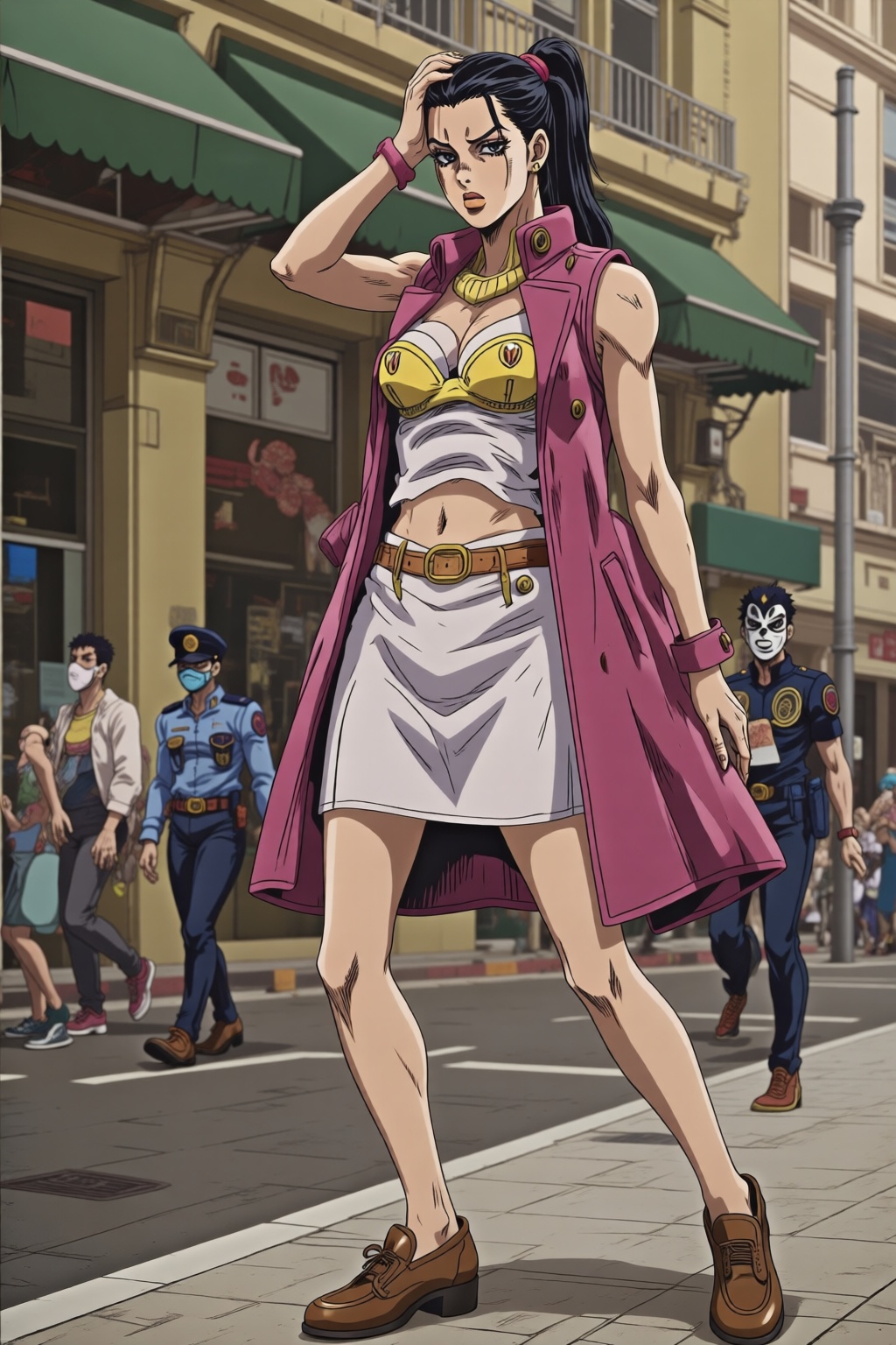 The art style of JoJo's Bizarre Adventure,  A muscular attractive woman with long black hair in a ponytail stands confiden...