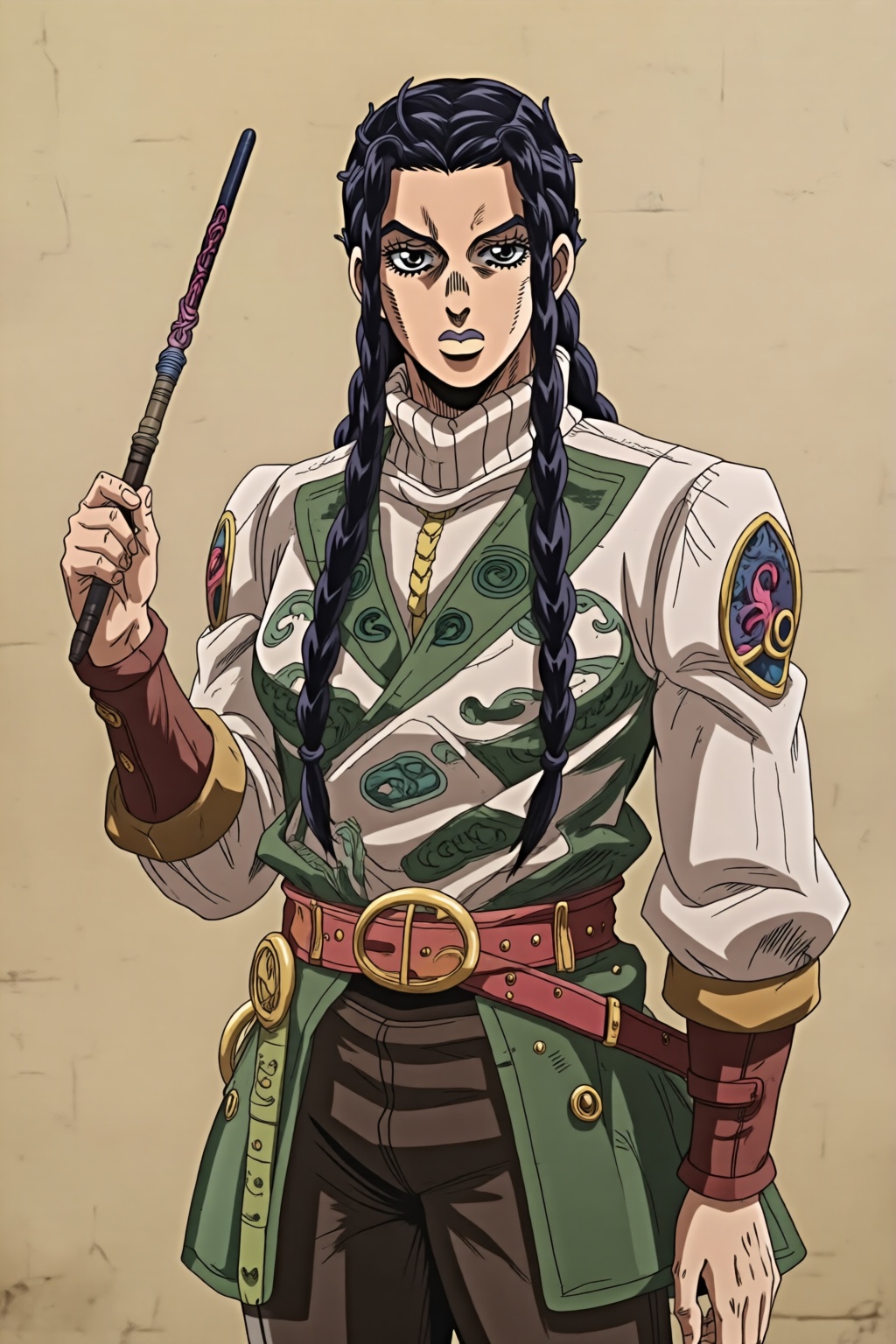 The art style of JoJo's Bizarre Adventure,  A digital illustration featuring a young man with long dark braided hair stand...