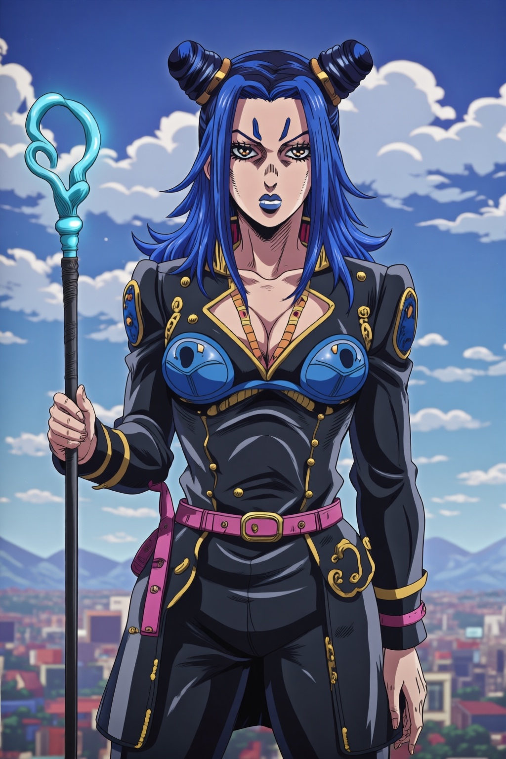 The art style of JoJo's Bizarre Adventure,  Digital art of a striking woman with blue hair styled in two buns wearing a bl...