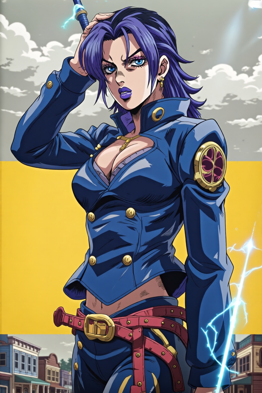 The art style of JoJo's Bizarre Adventure,  A detailed digital anime-style drawing of a fierce purple-haired woman with sh...