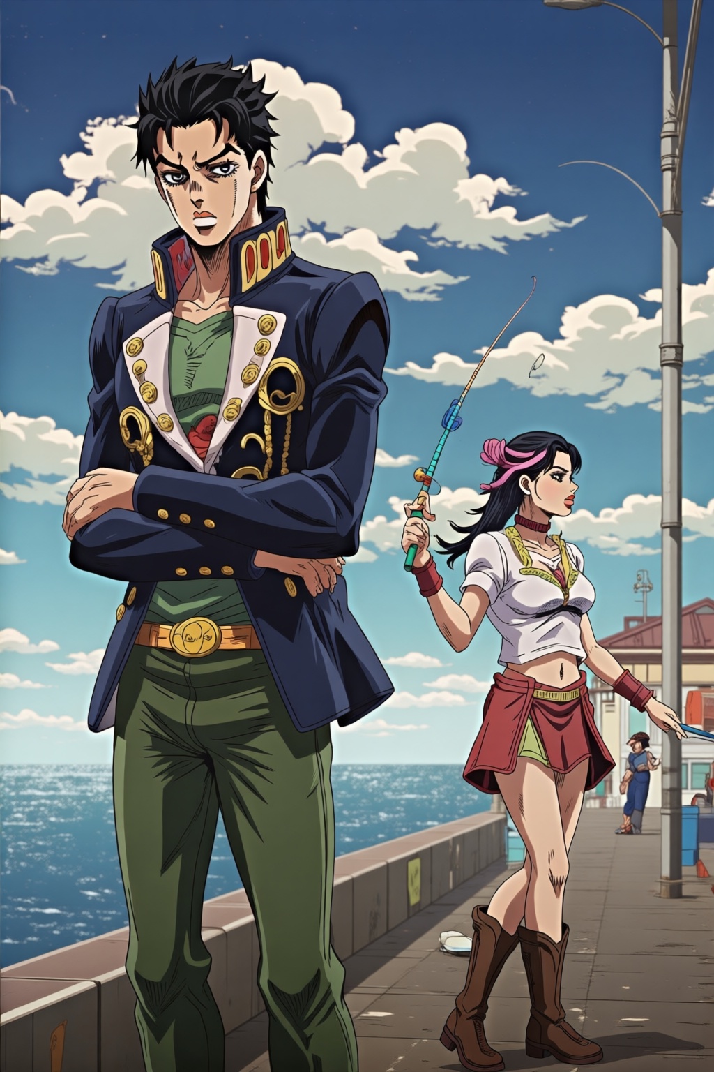 The art style of JoJo's Bizarre Adventure,  A digital anime-style illustration featuring two characters on a pier. A muscu...