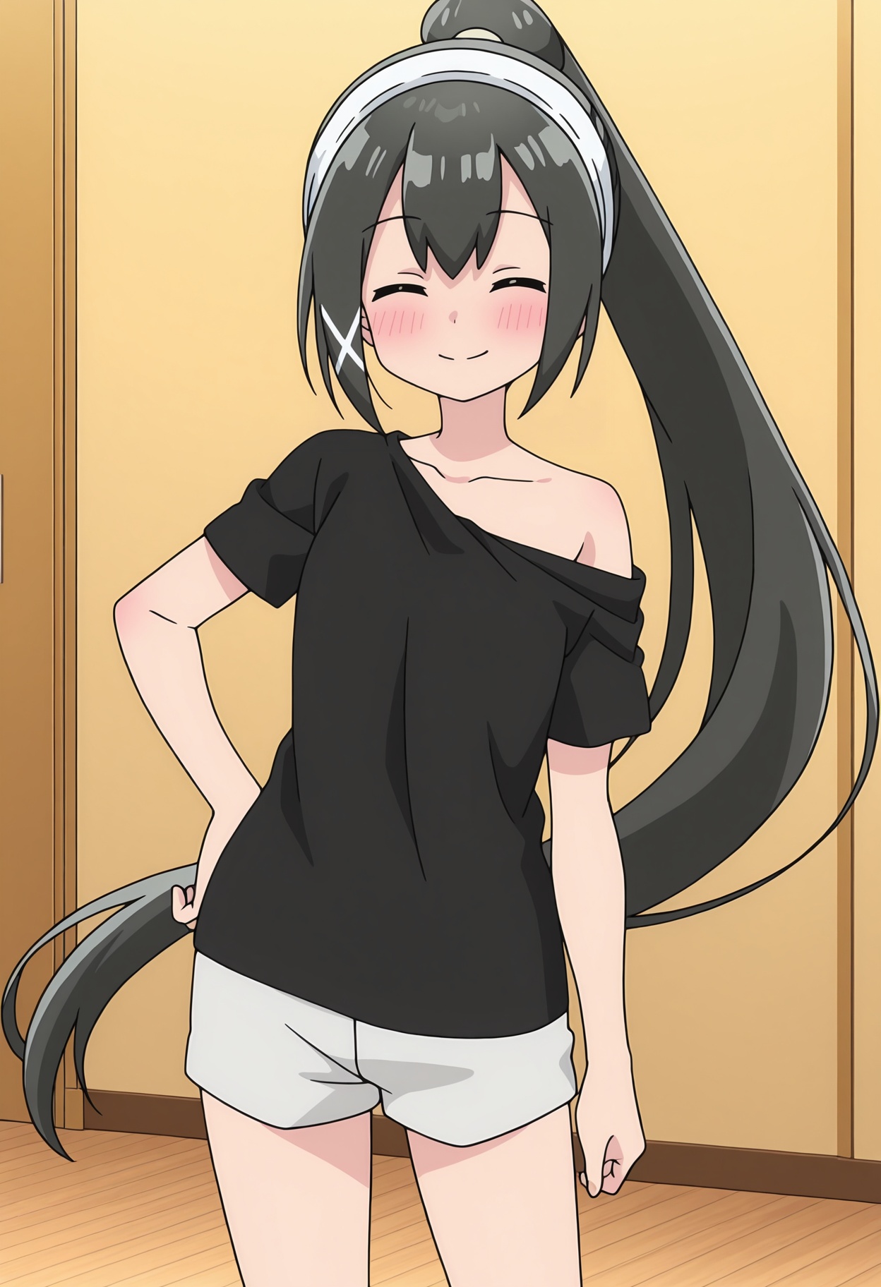black shirt,  off shoulder,  t-shirt on Tensor.Art