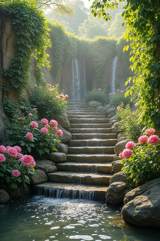 The image depicts a serene and lush garden scene. A stone staircase cascades down through the center,  surrounded by vibra...