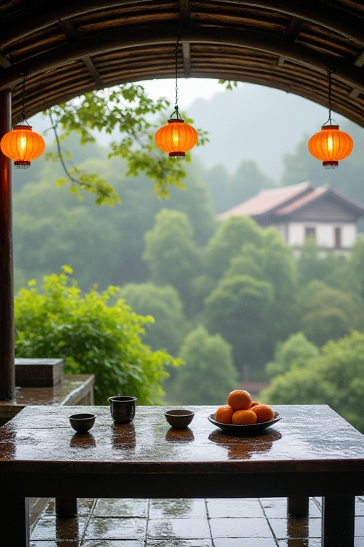 The image depicts a serene outdoor setting with a traditional wooden table covered in a wet surface,  likely from rain. On...