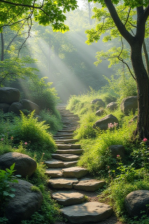 The image depicts a serene forest scene with a stone path winding through lush greenery. The path is surrounded by various...