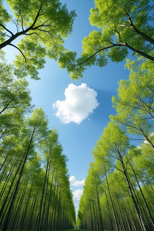 The image depicts a serene forest scene with tall,  slender trees that have bright green leaves,  likely birch trees on Te...