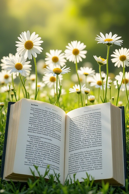 The image shows a field of white daisies with yellow centers,  set against a lush green background. In the foreground,  th...