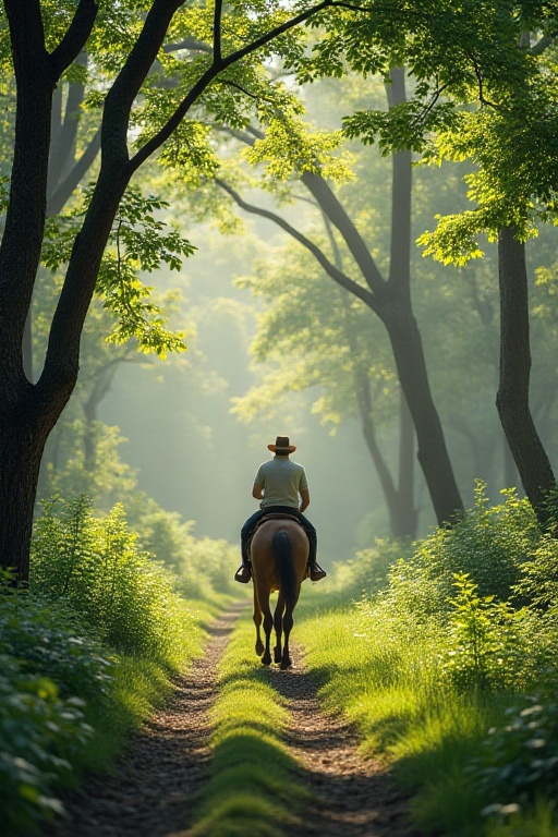 The image depicts a serene forest scene with a person riding a horse along a path. The path is surrounded by lush greenery...