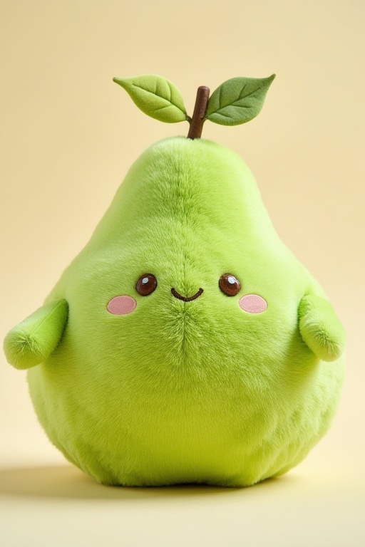 The image shows a plush toy designed to resemble a green pear with a soft,  fluffy texture. It has a cute,  round face wit...