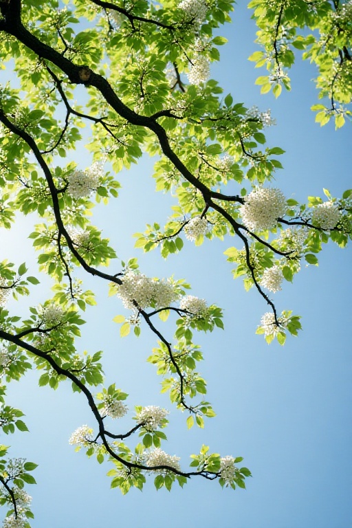 The image depicts a beautiful scene of a tree with lush green leaves and white blossoms against a clear blue sky. The bran...