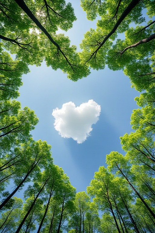The image depicts a heart-shaped sky,  framed by tall,  slender trees with lush green leaves. The sky is a bright blue on...