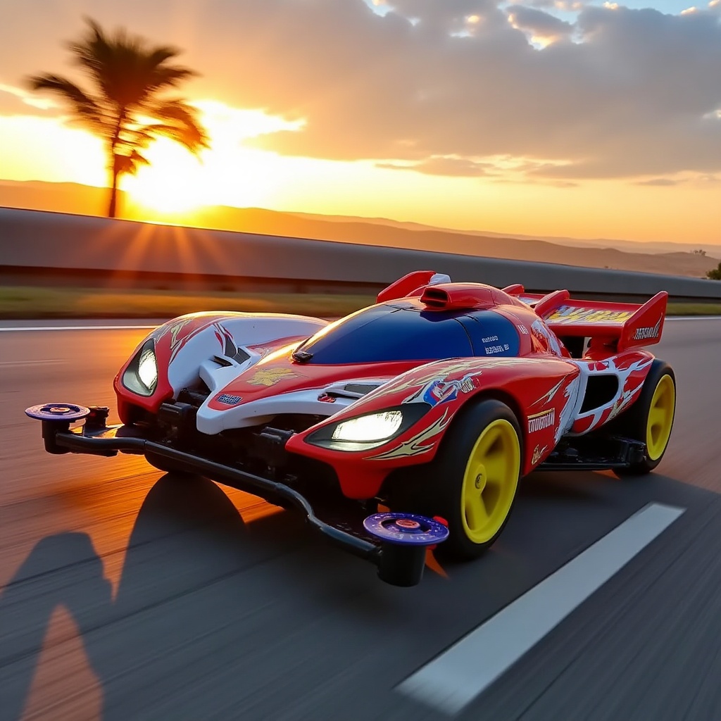 R,  mini four-wheel drive is speeding at high speed,  glowing on Tensor.Art