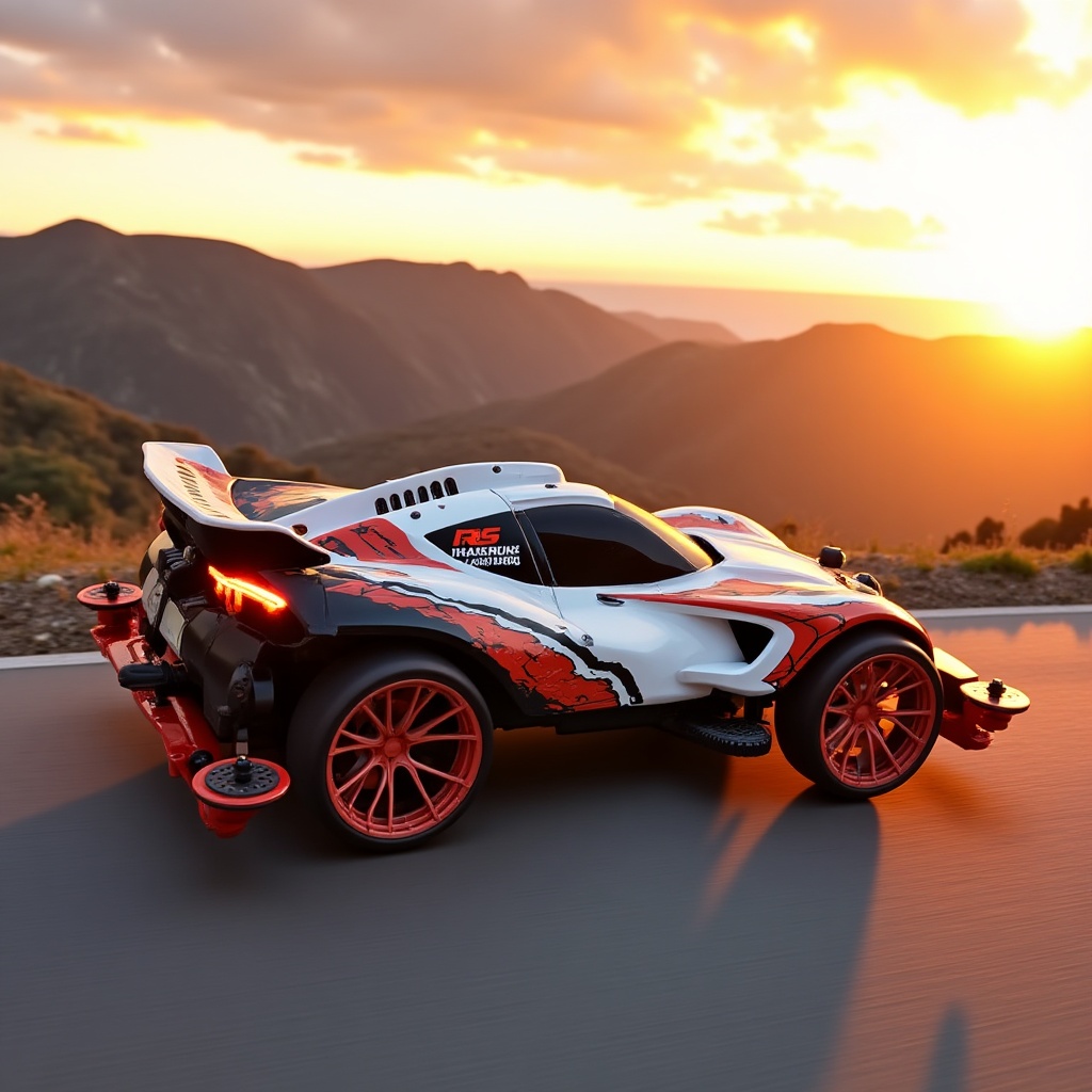 R,  mini four-wheel drive is speeding at high speed,  glowing on Tensor.Art