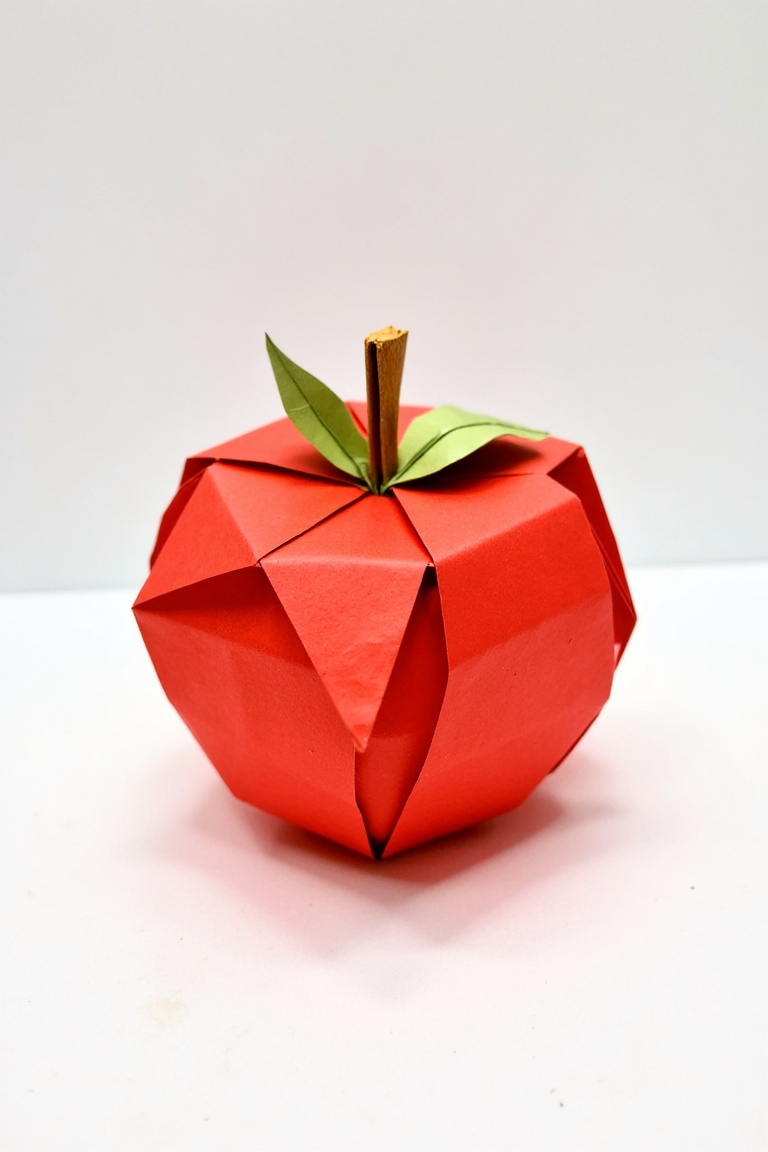 origami,  A single origami creation in the shape of an apple,  meticulously folded with crisp clean lines and subtle creas...