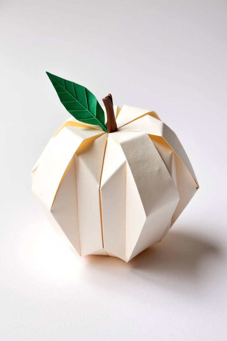origami,  A single origami creation in the shape of an apple,  meticulously folded with crisp clean lines and subtle creas...