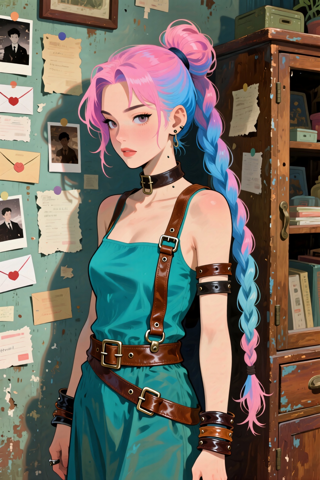 插画风格女性角色,  粉蓝渐变长发通过高盘发与右肩长辫构成层次感。蓝绿无袖连衣裙+棕色皮质背带的组合,  配合金属扣饰与多层皮质手环 on Tensor.Art