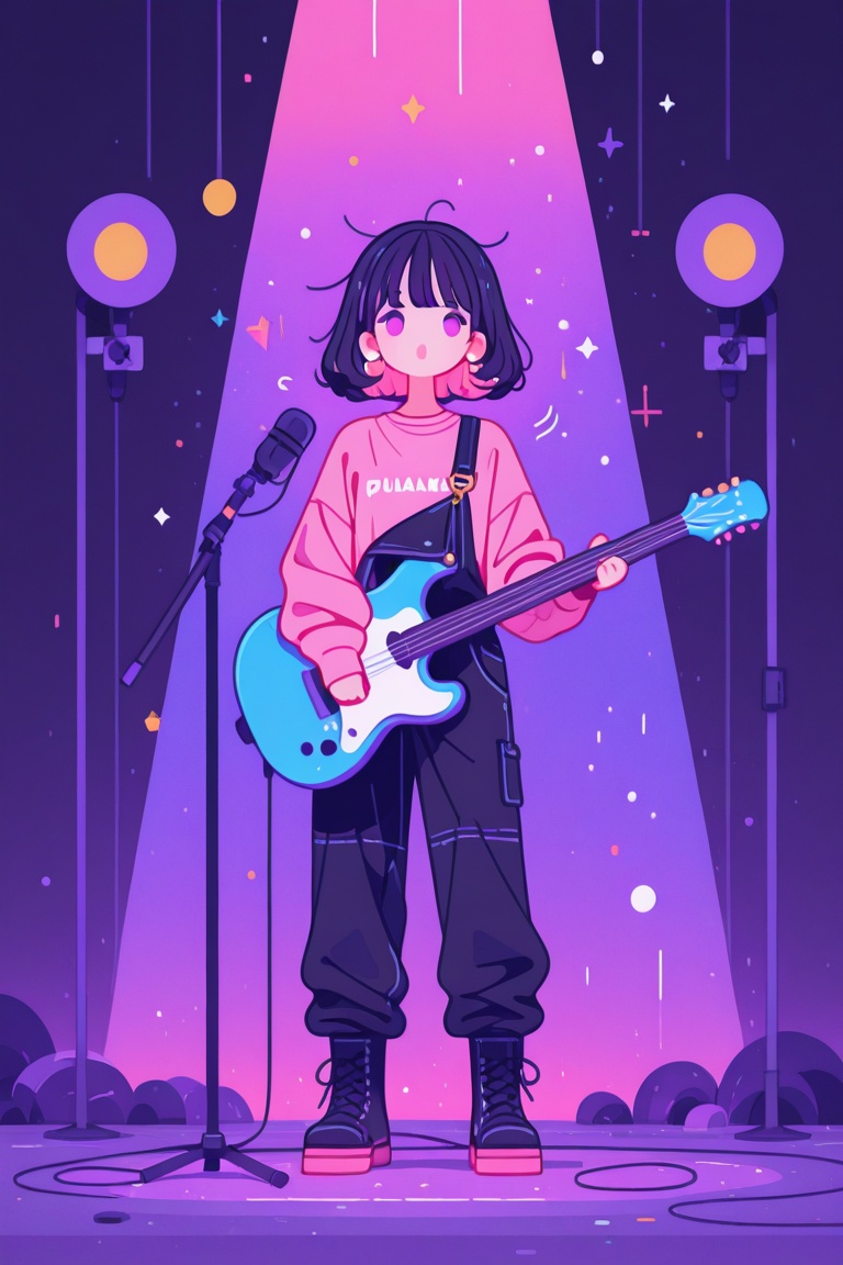 illustration of a petite punk rock girl,  sporting black messy hair with vibrant pink streaks,  donning a pink shirt on Te...