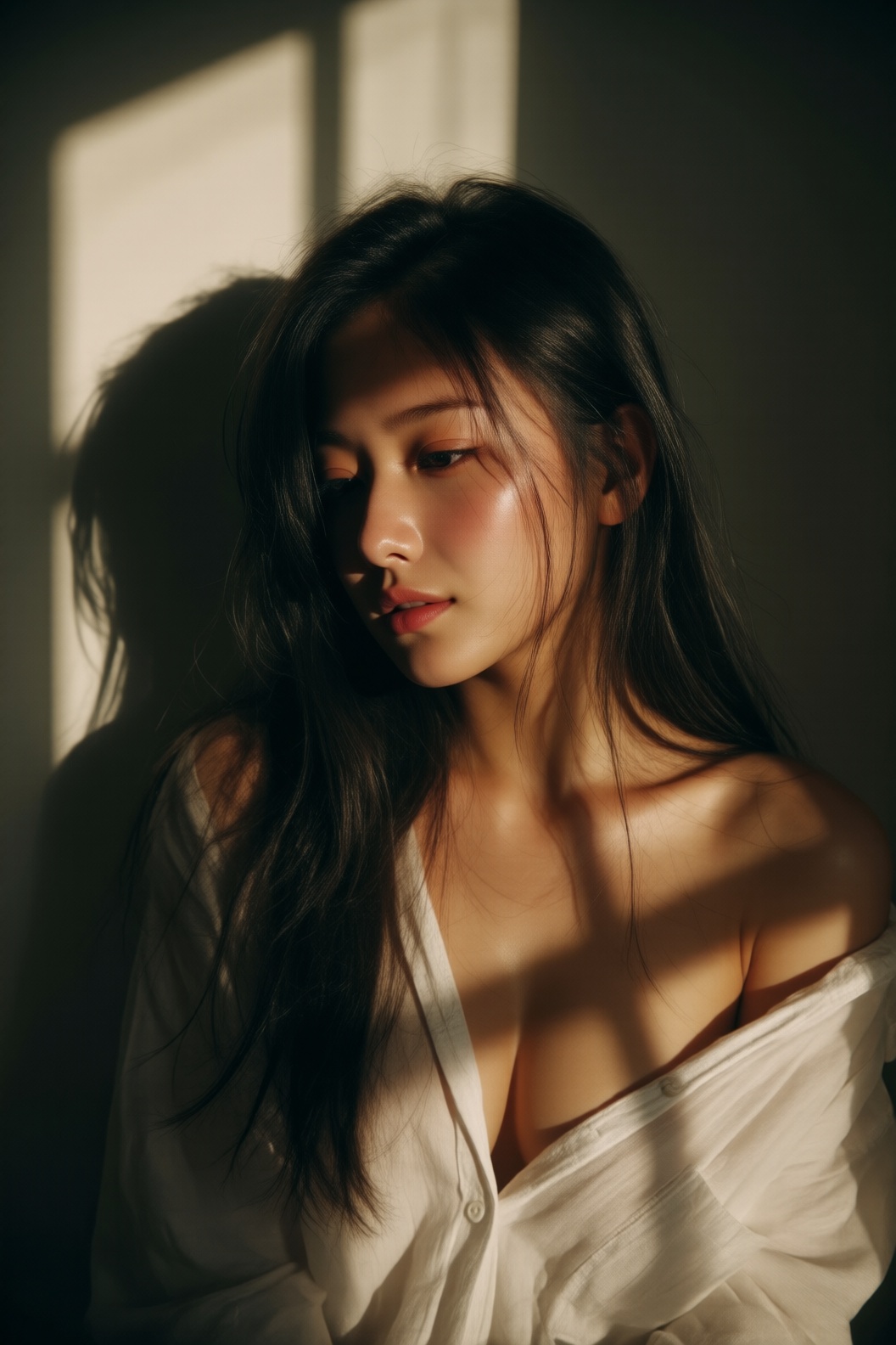a young woman with long,  straight black hair. Her expression is soft and introspective,  with a hint of vulnerability con...