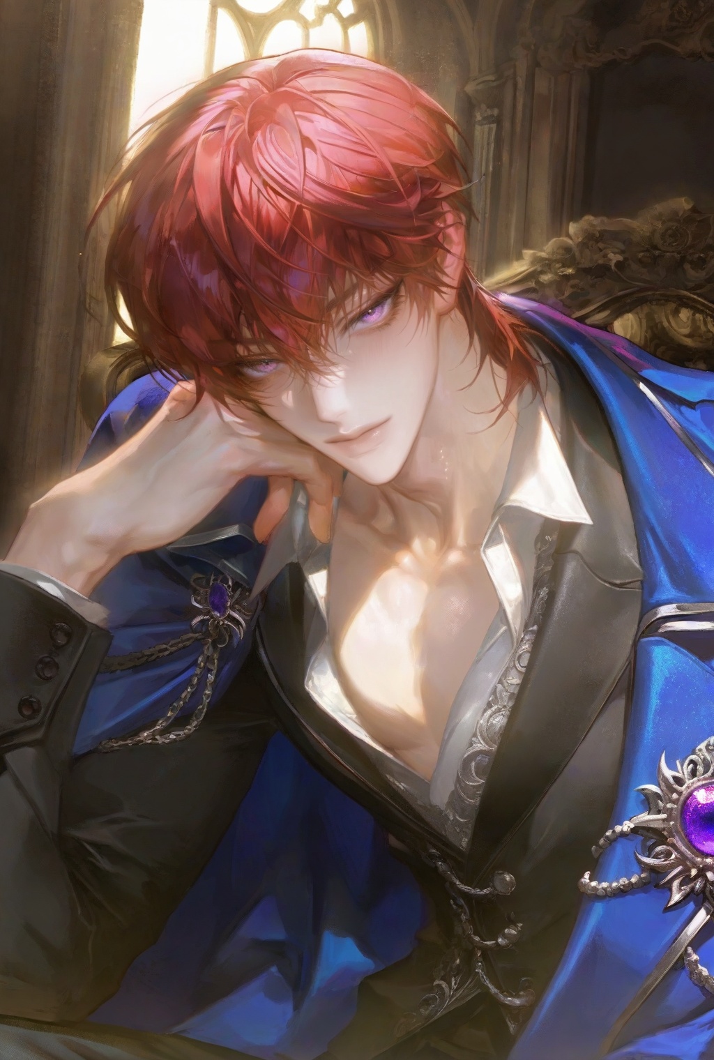 Handsome young man,  clear and gentle face,  purple eyes (short red hair on Tensor.Art