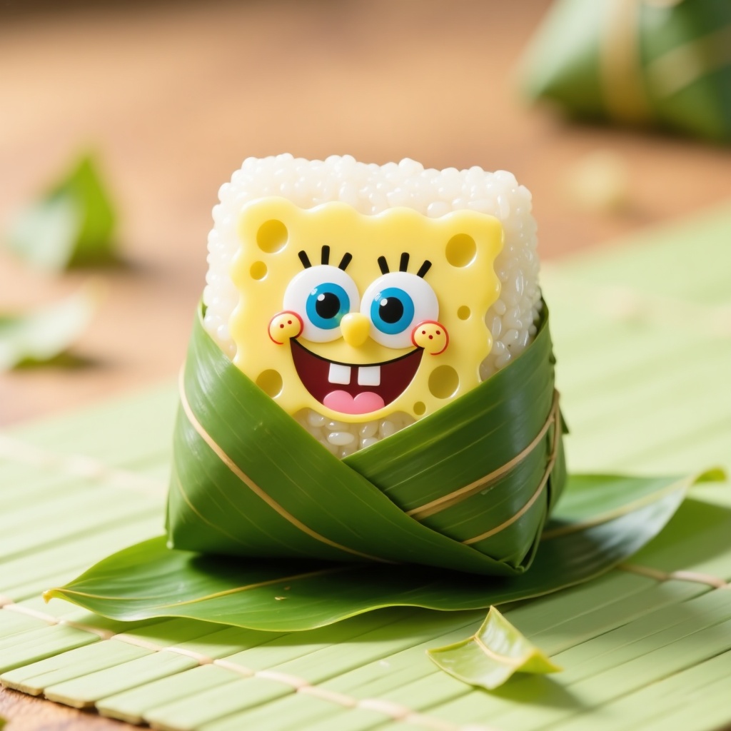 zongzi,  SpongeBob is wrapped in bamboo leaves and placed on a bamboo mat with bamboo leaves,  against a wooden surface on...