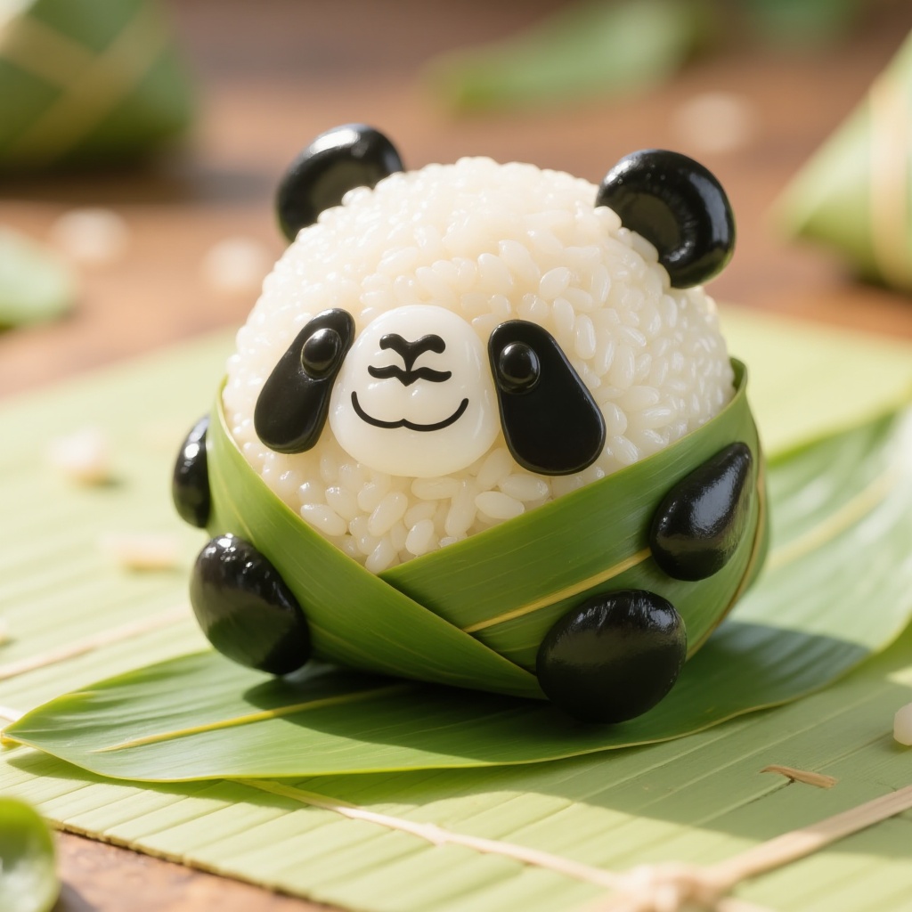 zongzi,  Panda is wrapped in bamboo leaves and placed on a bamboo mat with bamboo leaves,  against a warm - toned countert...