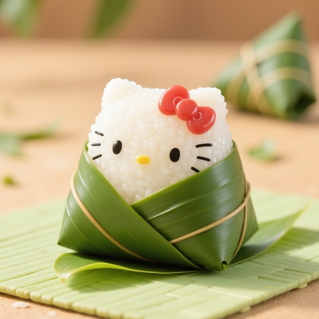 Hello Kitty is wrapped in bamboo leaves and placed on a mat with bamboo leaves,  against a light brown countertop,  simple...