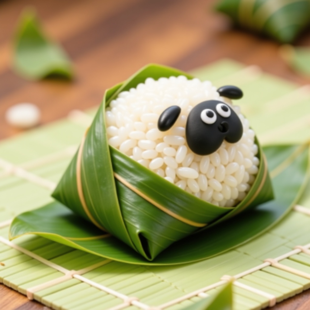 zongzi,  Sheep is wrapped in bamboo leaves and placed on a bamboo mat with bamboo leaves,  against a warm brown countertop...