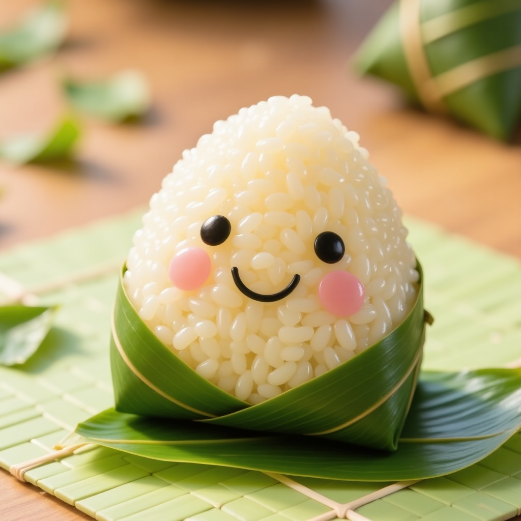 zongzi,  Star is wrapped in bamboo leaves and placed on a bamboo mat with bamboo leaves,  against a warm brown countertop...