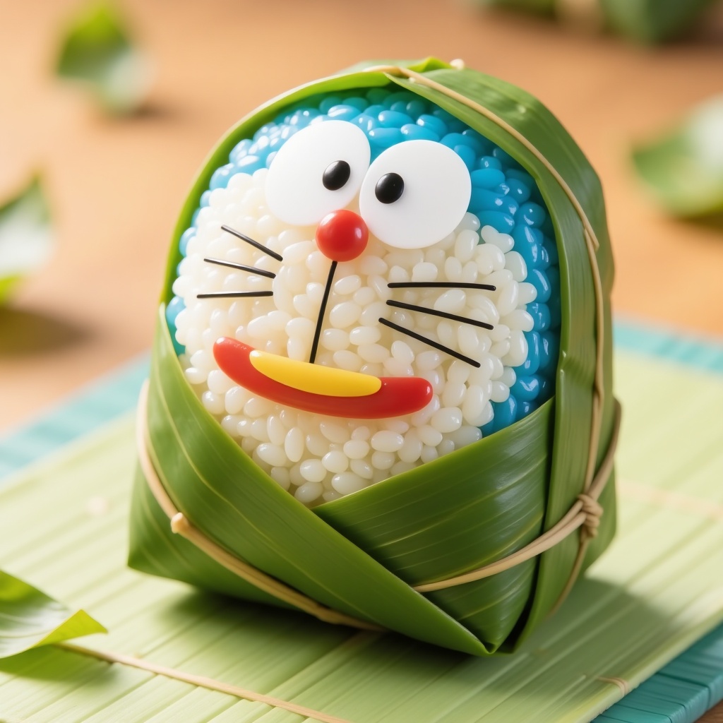 zongzi,  Doraemon is wrapped in bamboo leaves and placed on a mat with bamboo leaves,  against a warm - toned countertop o...