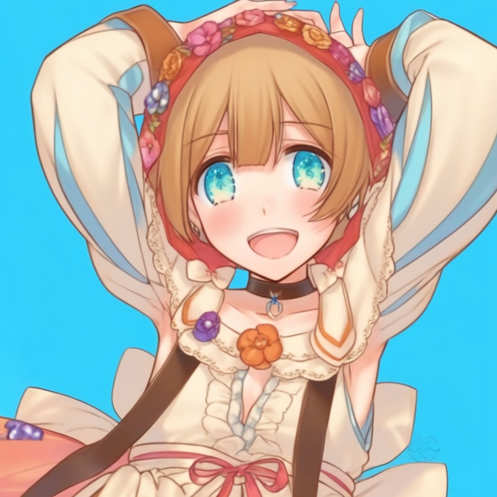 aqualuai 1girl solo blue eyes smile open mouth short hair looking at viewer blue background upper body arm up flower brown...